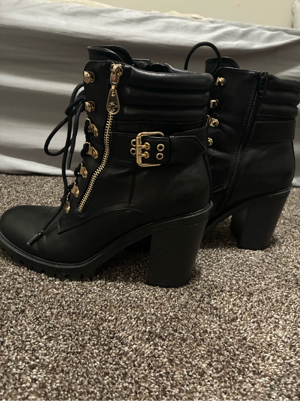G by Guess Black Lace-Up Heeled Combat Boots with Gold Accents